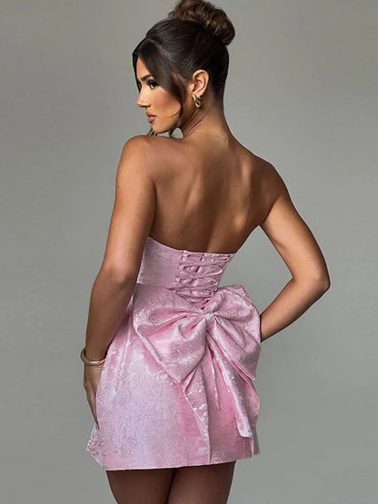Backless Bow Sexy Mini Dress For Women Fashion Off-shoulder Strapless Sleeveless Bodycon Club Party Dress Elegant