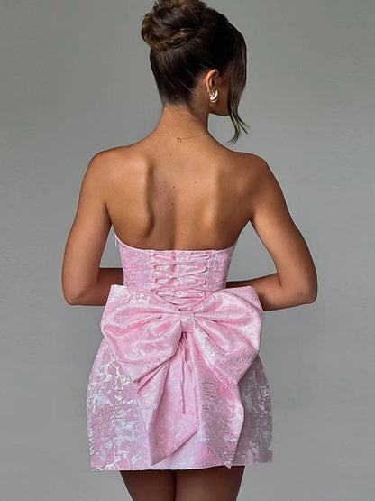 Backless Bow Sexy Mini Dress For Women Fashion Off-shoulder Strapless Sleeveless Bodycon Club Party Dress Elegant