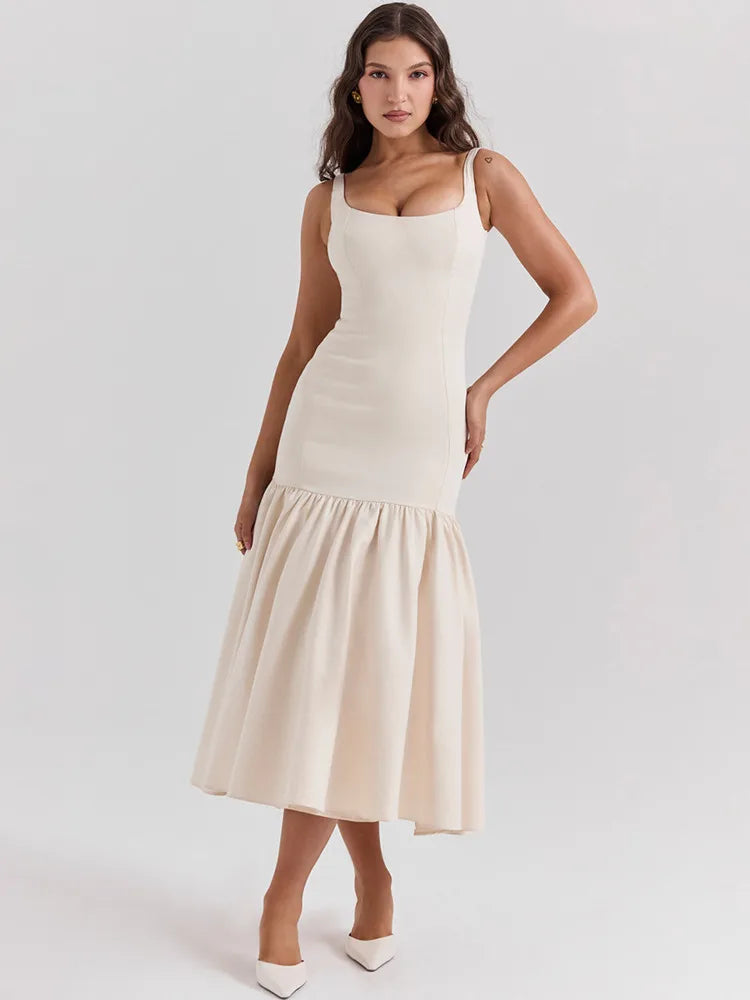 Vestido maxi de cola de pez sin espalda para mujer, vestido de moda con cuello cuadrado, sin mangas, suelto, plisado, largo, vestidos elegantes