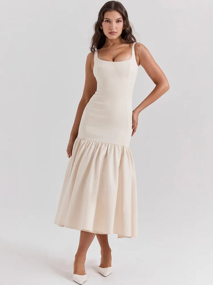 Vestido maxi de cola de pez sin espalda para mujer, vestido de moda con cuello cuadrado, sin mangas, suelto, plisado, largo, vestidos elegantes