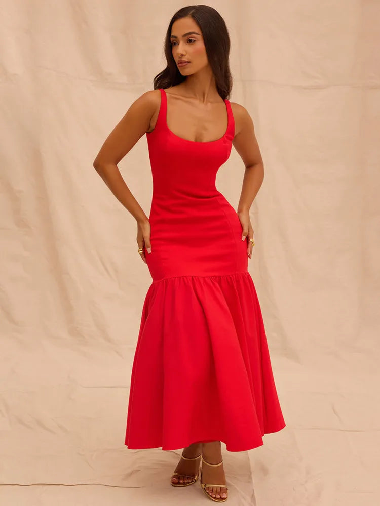 Vestido maxi de cola de pez sin espalda para mujer, vestido de moda con cuello cuadrado, sin mangas, suelto, plisado, largo, vestidos elegantes