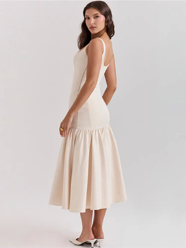 Vestido maxi de cola de pez sin espalda para mujer, vestido de moda con cuello cuadrado, sin mangas, suelto, plisado, largo, vestidos elegantes