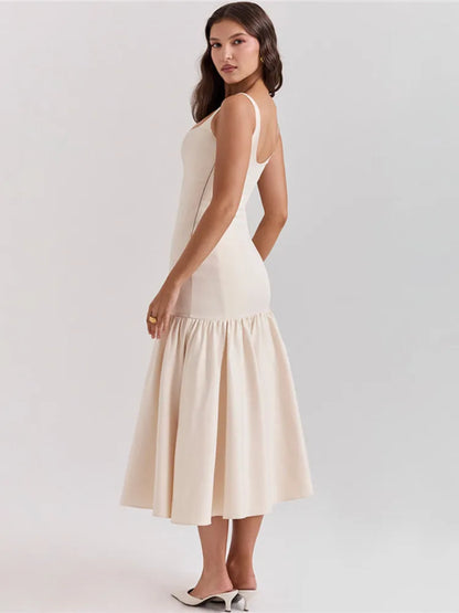 Vestido maxi de cola de pez sin espalda para mujer, vestido de moda con cuello cuadrado, sin mangas, suelto, plisado, largo, vestidos elegantes