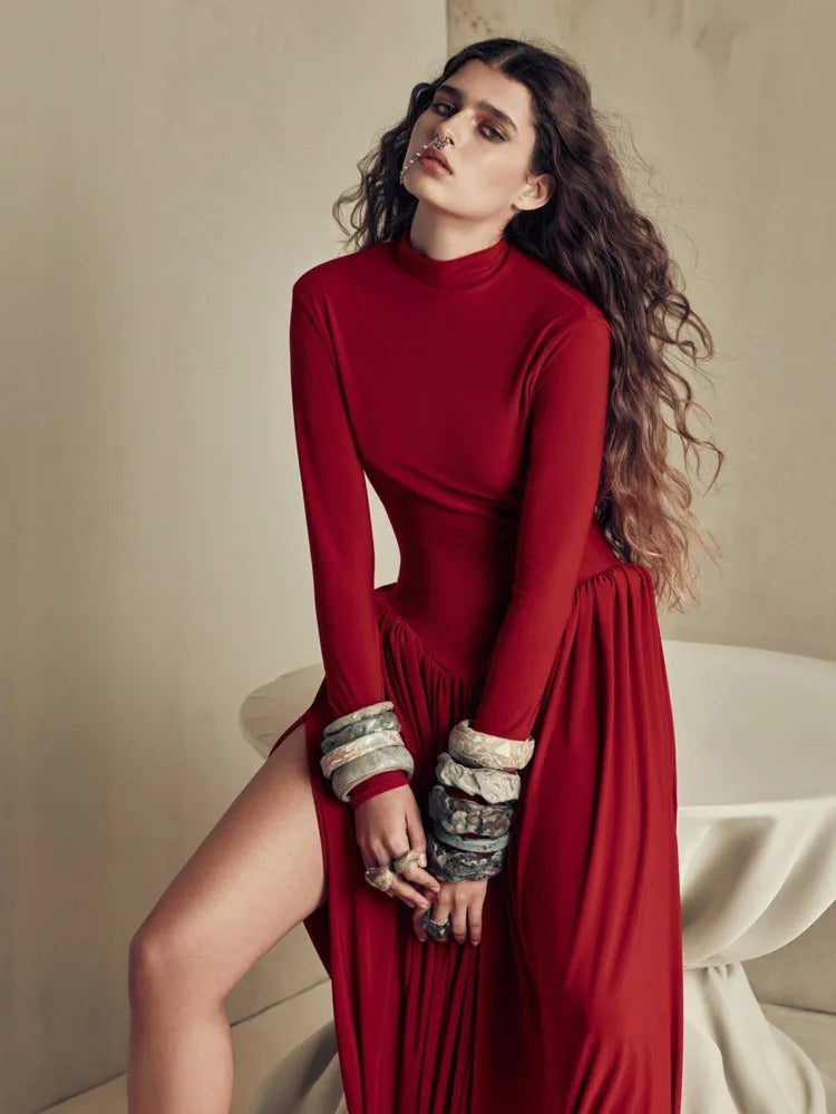 Backless O-neck Pleated Thigh Slit Long Sleeveless Autumn Winter Red Sexy Maxi Dress For Women High Waist Slim Dress