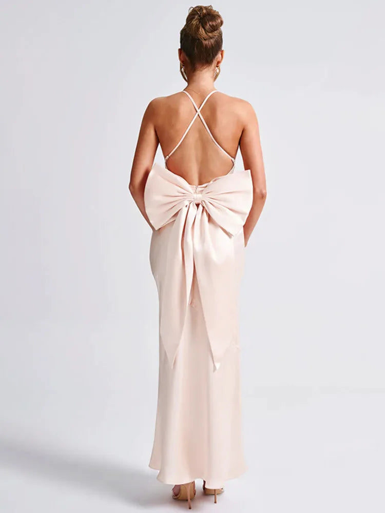 Bow Backless Sexy Maxi Dress For Women Satin Spaghetti Strap V Neck Sleeveless Sexy Club Party Long Dress Elegant
