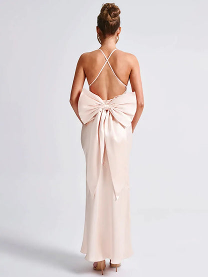 Bow Backless Sexy Maxi Dress For Women Satin Spaghetti Strap V Neck Sleeveless Sexy Club Party Long Dress Elegant