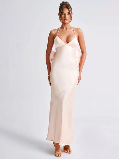 Bow Backless Sexy Maxi Dress For Women Satin Spaghetti Strap V Neck Sleeveless Sexy Club Party Long Dress Elegant