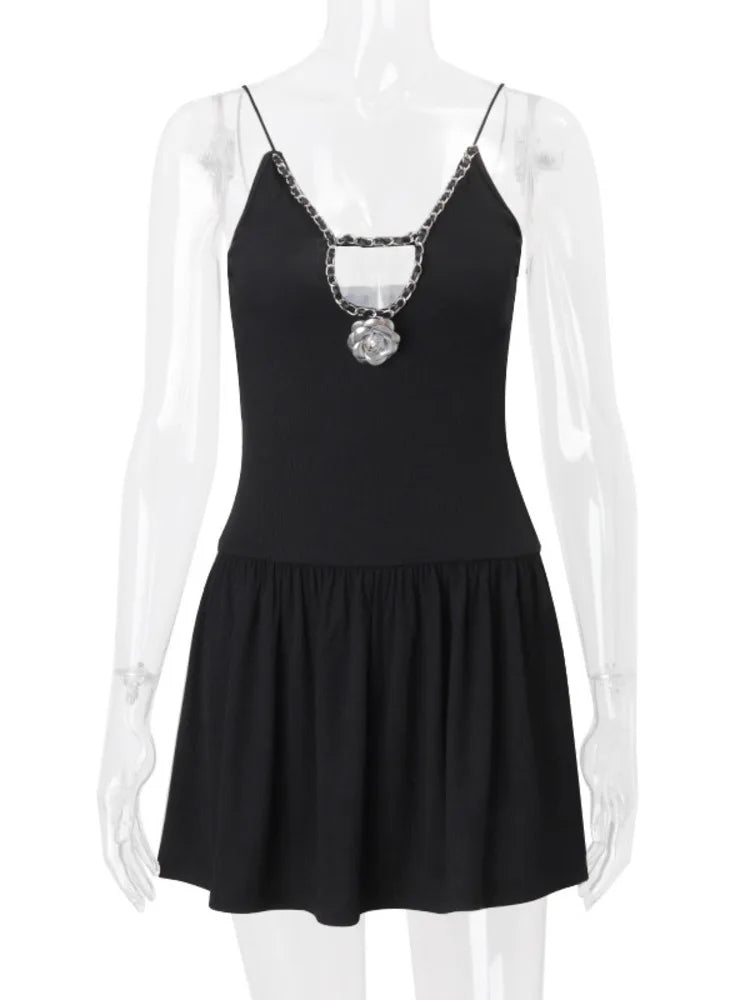 Deep V Neck Flower Sexy Mini Dress For Women Black New Spaghetti Strap Slim Fit Sleeveless Club Party Elegant Dress