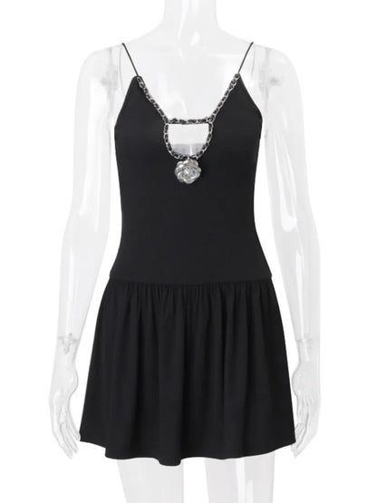 Deep V Neck Flower Sexy Mini Dress For Women Black New Spaghetti Strap Slim Fit Sleeveless Club Party Elegant Dress