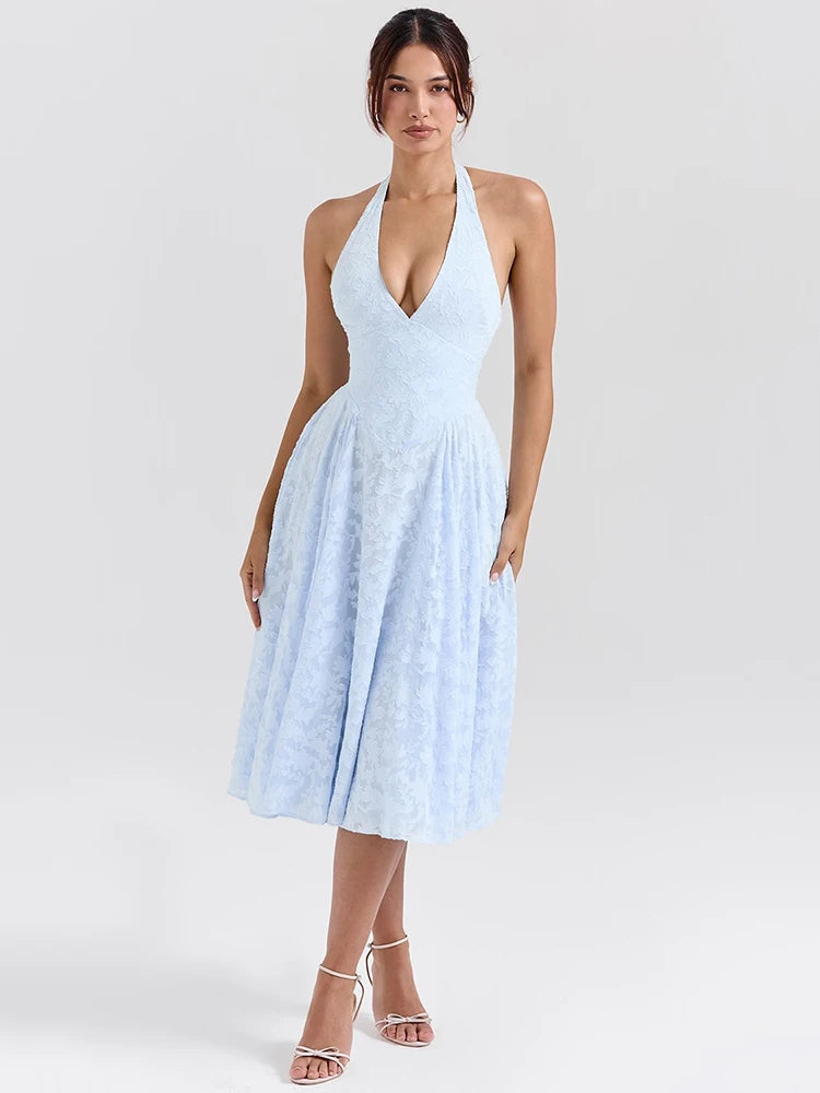 Deep V Neck Halter Sexy Madi Dress Women Fashion Sleeveless Backless A-line Loose Pleated Evening Long Dress Elegant