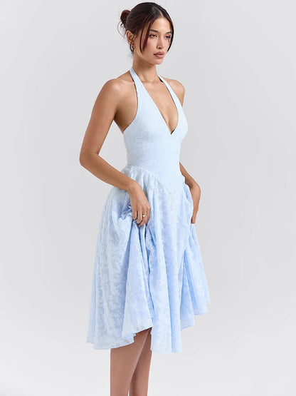 Deep V Neck Halter Sexy Madi Dress Women Fashion Sleeveless Backless A-line Loose Pleated Evening Long Dress Elegant