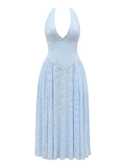 Deep V Neck Halter Sexy Madi Dress Women Fashion Sleeveless Backless A-line Loose Pleated Evening Long Dress Elegant