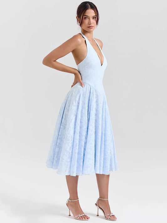 Deep V Neck Halter Sexy Madi Dress Women Fashion Sleeveless Backless A-line Loose Pleated Evening Long Dress Elegant