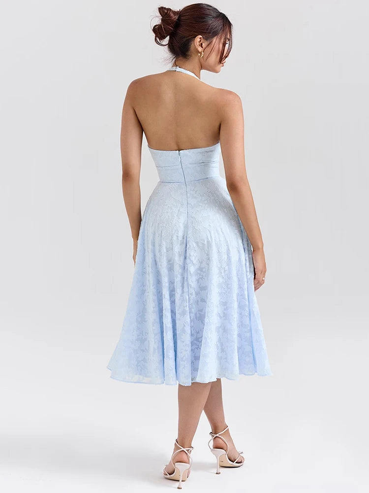 Deep V Neck Halter Sexy Madi Dress Women Fashion Sleeveless Backless A-line Loose Pleated Evening Long Dress Elegant