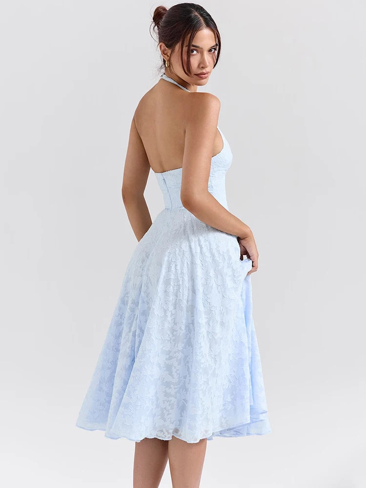 Deep V Neck Halter Sexy Madi Dress Women Fashion Sleeveless Backless A-line Loose Pleated Evening Long Dress Elegant