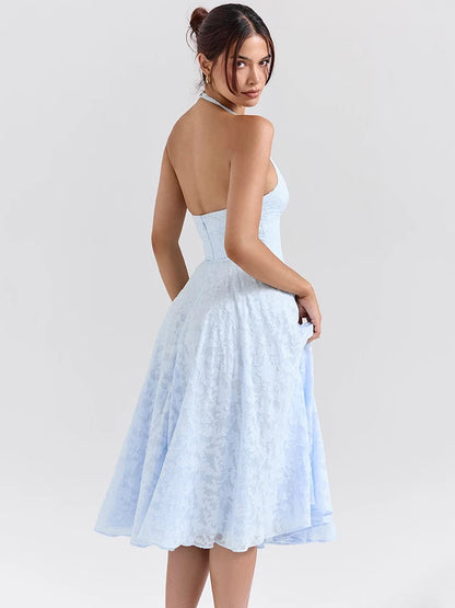 Deep V Neck Halter Sexy Madi Dress Women Fashion Sleeveless Backless A-line Loose Pleated Evening Long Dress Elegant