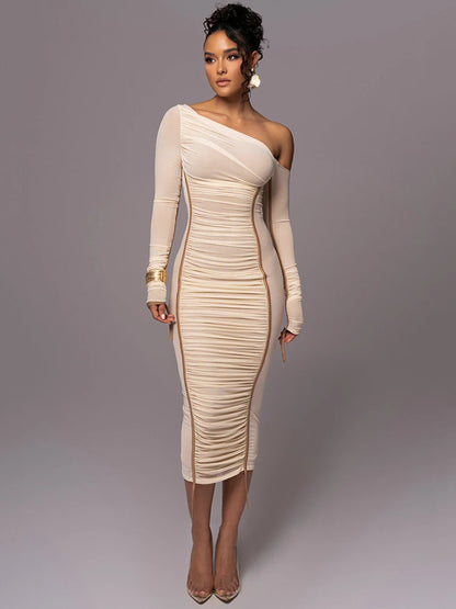 Vestido midi de manga larga con cuello diagonal para mujer, de malla de dos capas, sin espalda, fruncido, ajustado, sexy, para fiesta y club.