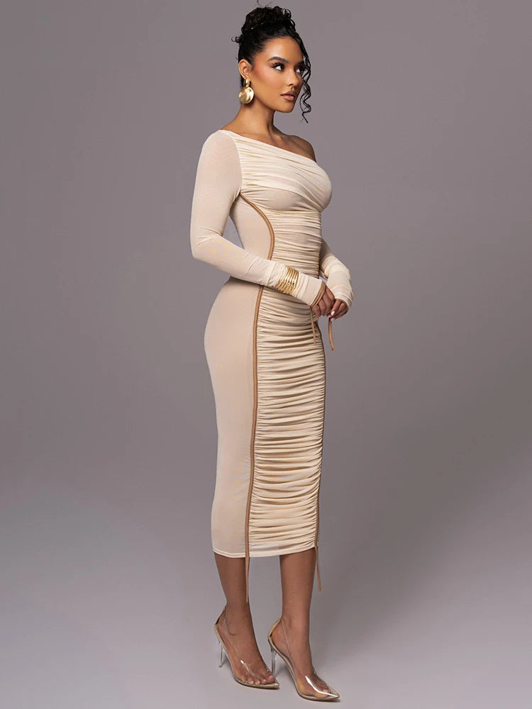 Vestido midi de manga larga con cuello diagonal para mujer, de malla de dos capas, sin espalda, fruncido, ajustado, sexy, para fiesta y club.