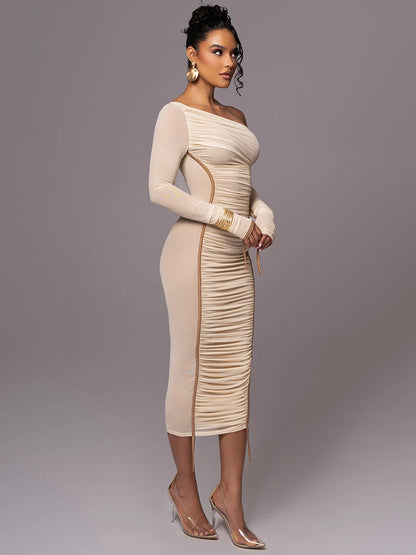 Vestido midi de manga larga con cuello diagonal para mujer, de malla de dos capas, sin espalda, fruncido, ajustado, sexy, para fiesta y club.