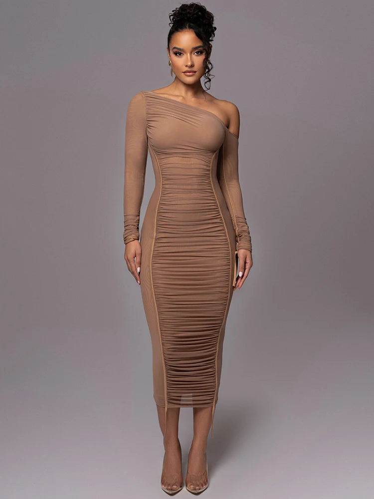 Vestido midi de manga larga con cuello diagonal para mujer, de malla de dos capas, sin espalda, fruncido, ajustado, sexy, para fiesta y club.
