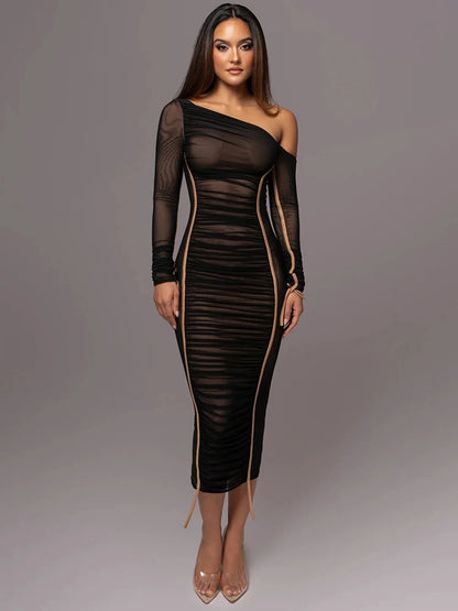 Vestido midi de manga larga con cuello diagonal para mujer, de malla de dos capas, sin espalda, fruncido, ajustado, sexy, para fiesta y club.