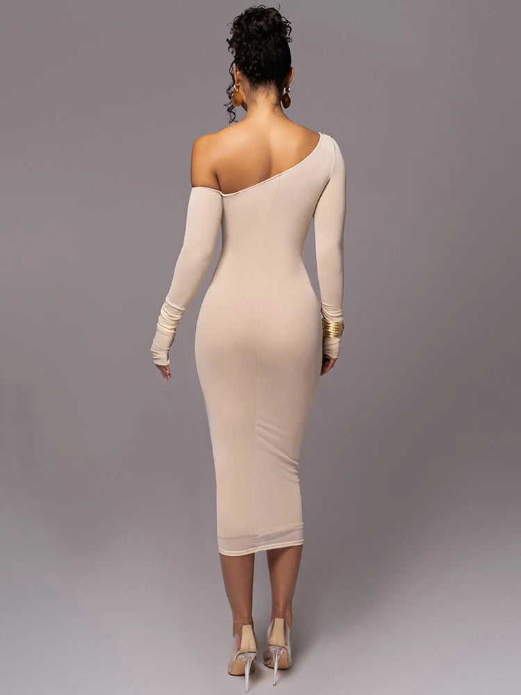 Vestido midi de manga larga con cuello diagonal para mujer, de malla de dos capas, sin espalda, fruncido, ajustado, sexy, para fiesta y club.