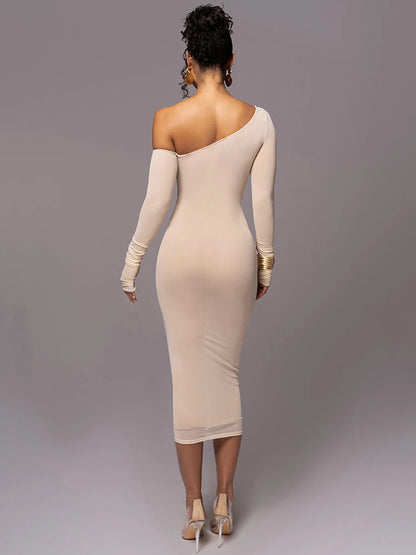 Vestido midi de manga larga con cuello diagonal para mujer, de malla de dos capas, sin espalda, fruncido, ajustado, sexy, para fiesta y club.