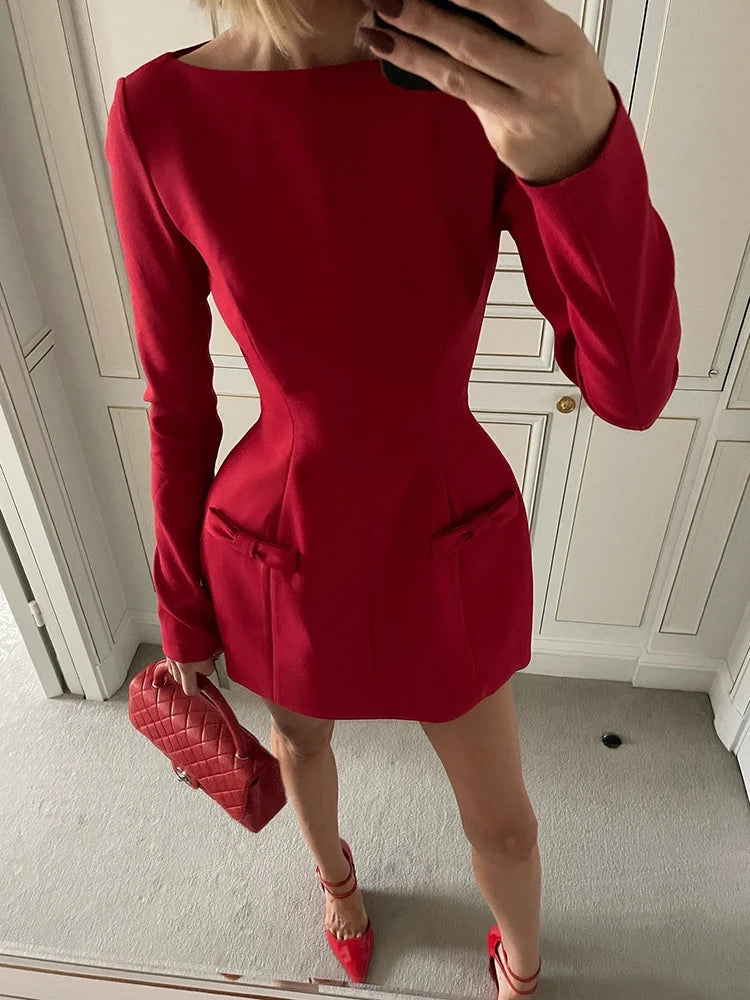 Vestido mini sexy de manga larga con doble lazo para mujer, otoño e invierno, nuevo, liso, de cintura alta, ajustado, para fiesta y club, elegante
