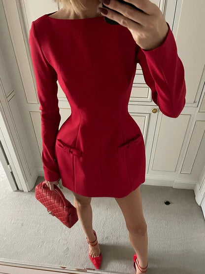 Vestido mini sexy de manga larga con doble lazo para mujer, otoño e invierno, nuevo, liso, de cintura alta, ajustado, para fiesta y club, elegante