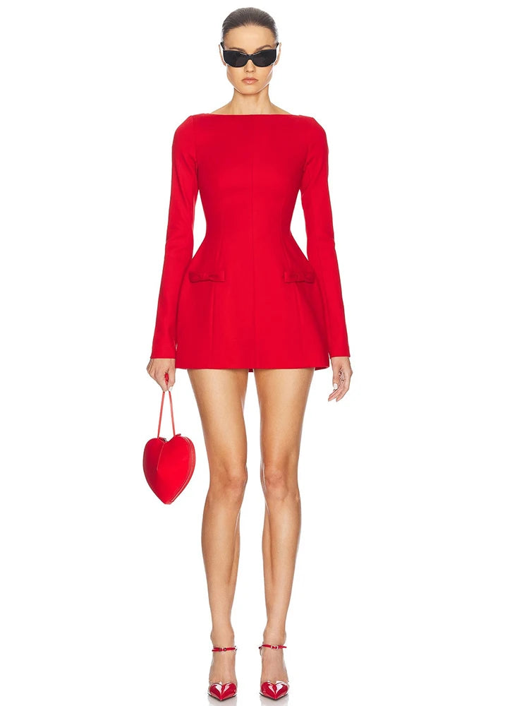 Vestido mini sexy de manga larga con doble lazo para mujer, otoño e invierno, nuevo, liso, de cintura alta, ajustado, para fiesta y club, elegante