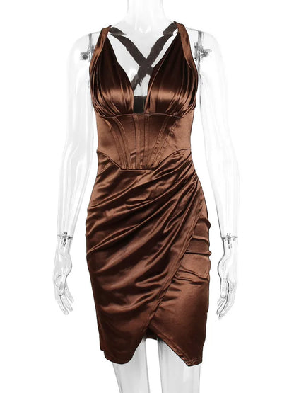 Vestido de satén elástico con escote en V profundo fruncido para mujer, vestido de verano sin mangas con espalda descubierta, vestido ajustado para fiesta y club.