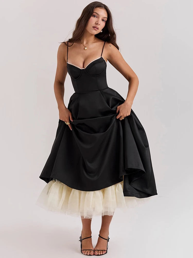 Elegante vestido midi sexy de corte A con espalda descubierta para mujer, vestido de moda con tirantes finos, sin mangas, suelto, para fiesta en club, nuevo