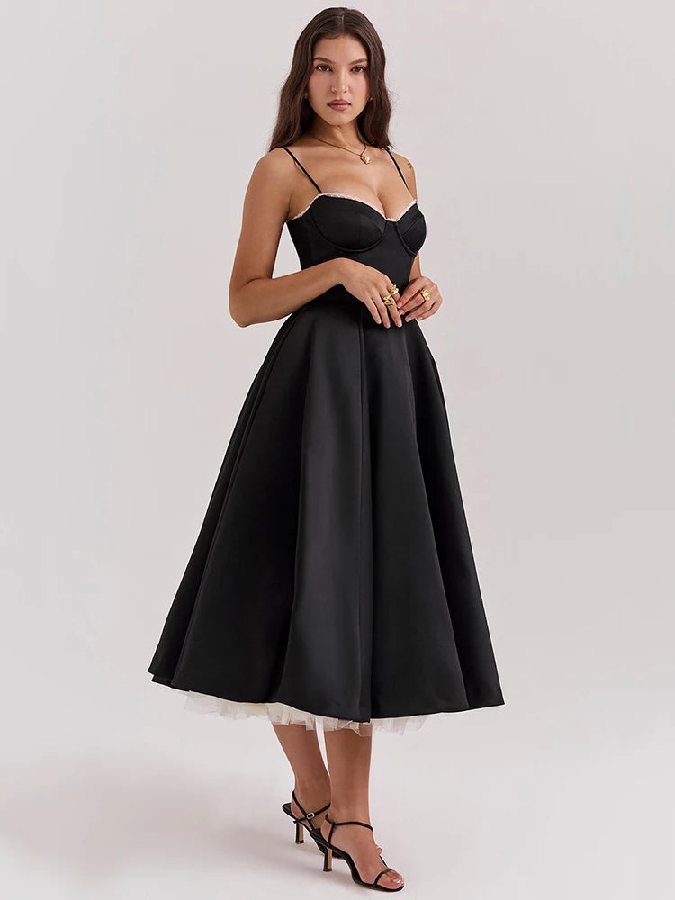 Elegante vestido midi sexy de corte A con espalda descubierta para mujer, vestido de moda con tirantes finos, sin mangas, suelto, para fiesta en club, nuevo