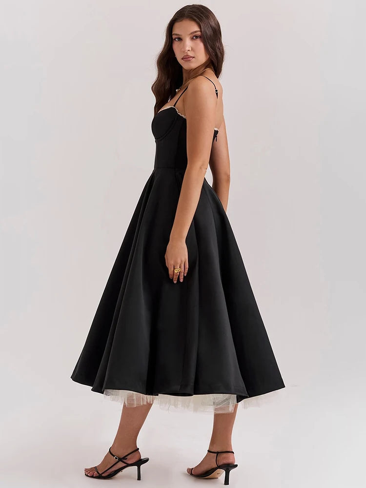 Elegante vestido midi sexy de corte A con espalda descubierta para mujer, vestido de moda con tirantes finos, sin mangas, suelto, para fiesta en club, nuevo