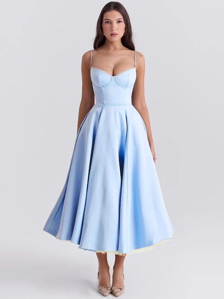 Elegante vestido midi sexy de corte A con espalda descubierta para mujer, vestido de moda con tirantes finos, sin mangas, suelto, para fiesta en club, nuevo
