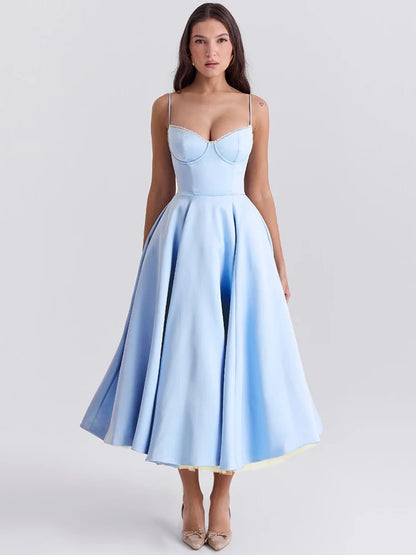 Elegante vestido midi sexy de corte A con espalda descubierta para mujer, vestido de moda con tirantes finos, sin mangas, suelto, para fiesta en club, nuevo