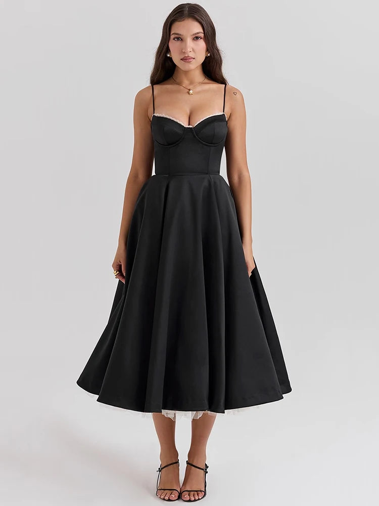Elegante vestido midi sexy de corte A con espalda descubierta para mujer, vestido de moda con tirantes finos, sin mangas, suelto, para fiesta en club, nuevo