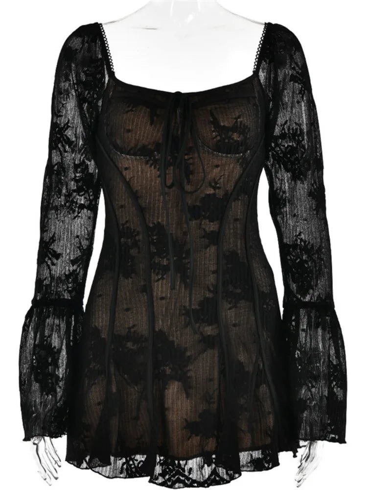 Elegante minivestido estampado de manga larga acampanada sin espalda para mujer, vestido plisado de corte A con cuello cuadrado y fiesta sexy