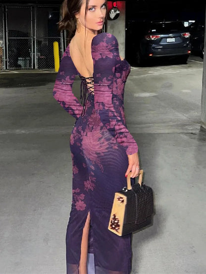 Elegante vestido largo con estampado sin espalda para mujer, otoño e invierno, nuevo vestido sexy ajustado de manga larga con cuello cuadrado para fiesta y club.