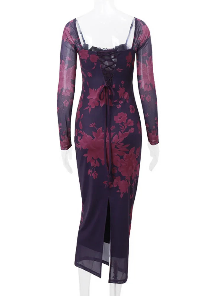 Elegante vestido largo con estampado sin espalda para mujer, otoño e invierno, nuevo vestido sexy ajustado de manga larga con cuello cuadrado para fiesta y club.