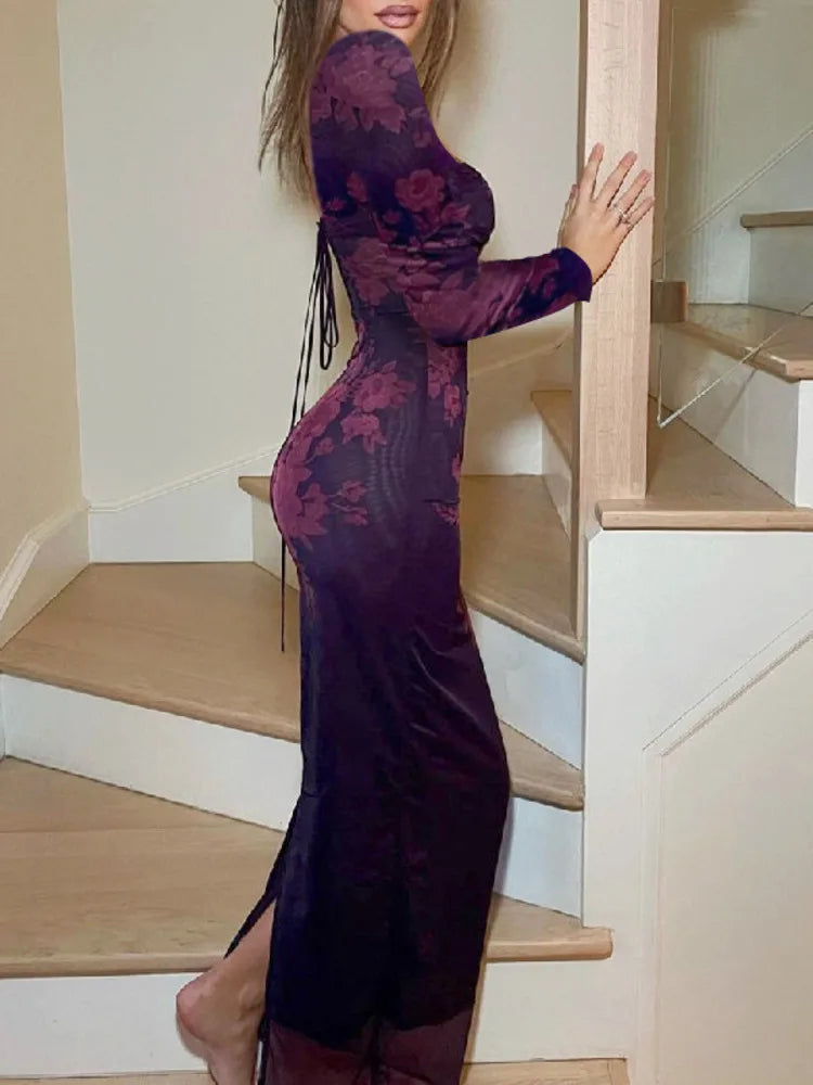 Elegante vestido largo con estampado sin espalda para mujer, otoño e invierno, nuevo vestido sexy ajustado de manga larga con cuello cuadrado para fiesta y club.