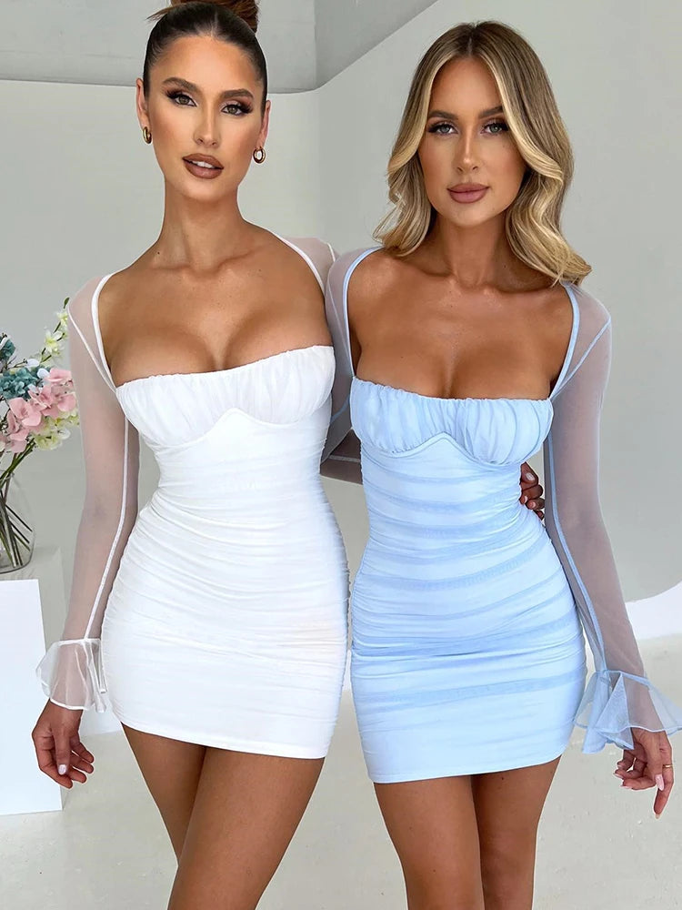 Elegante minivestido sexy sin espalda para mujer, vestido de dos capas de malla, manga larga, cremallera, ajustado, vestido de fiesta corto
