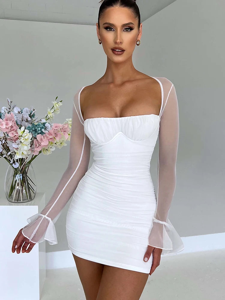 Elegante minivestido sexy sin espalda para mujer, vestido de dos capas de malla, manga larga, cremallera, ajustado, vestido de fiesta corto