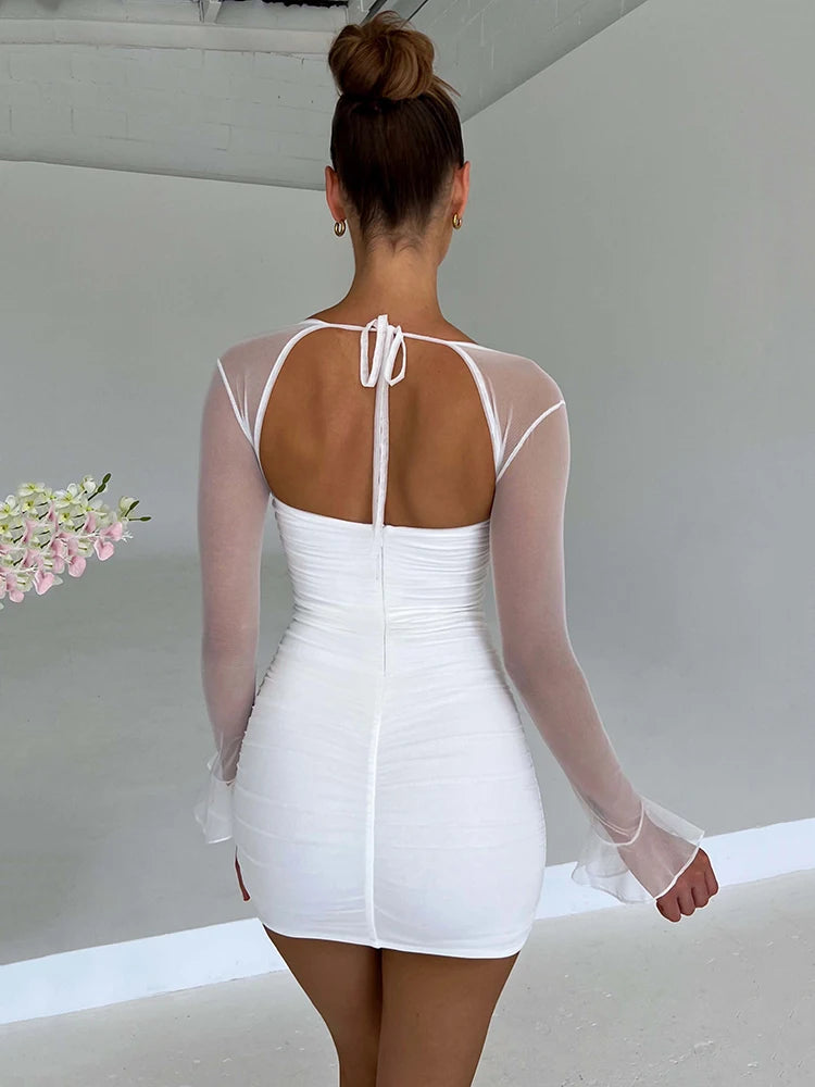 Elegante minivestido sexy sin espalda para mujer, vestido de dos capas de malla, manga larga, cremallera, ajustado, vestido de fiesta corto