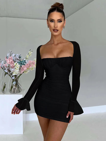 Elegante minivestido sexy sin espalda para mujer, vestido de dos capas de malla, manga larga, cremallera, ajustado, vestido de fiesta corto