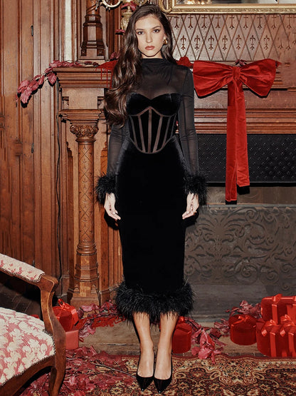 Elegant Feather Sexy Midi Dress For Women Black Fashion Sheer Long Sleeve Backless Bodycon Club Party Long Dress