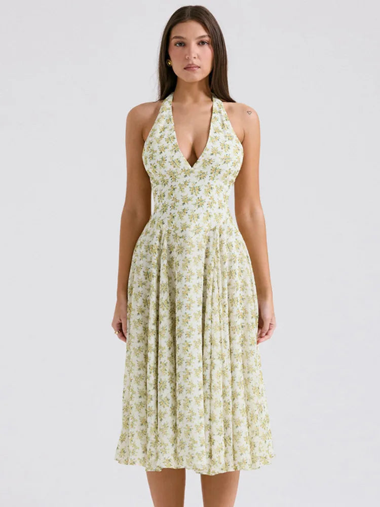 Elegante vestido midi con cuello halter y espalda descubierta para mujer, a la moda, sin mangas, corte A, plisado, para fiesta en club, sexy, largo, nuevo