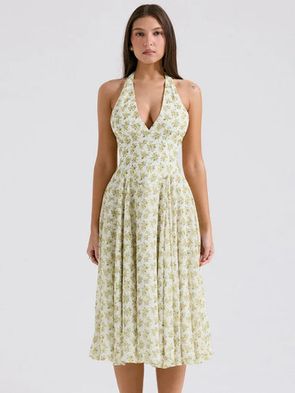 Elegante vestido midi con cuello halter y espalda descubierta para mujer, a la moda, sin mangas, corte A, plisado, para fiesta en club, sexy, largo, nuevo