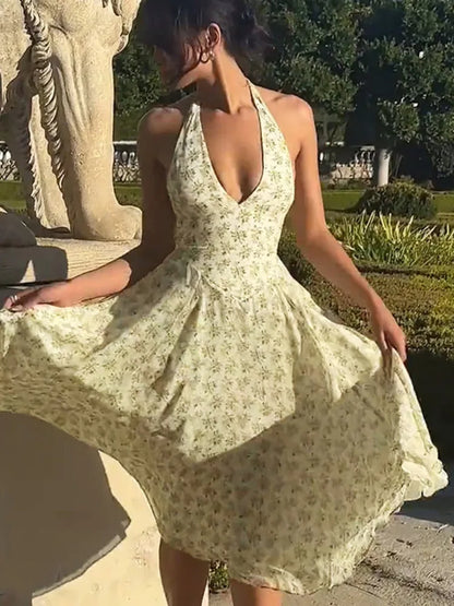 Elegante vestido midi con cuello halter y espalda descubierta para mujer, a la moda, sin mangas, corte A, plisado, para fiesta en club, sexy, largo, nuevo
