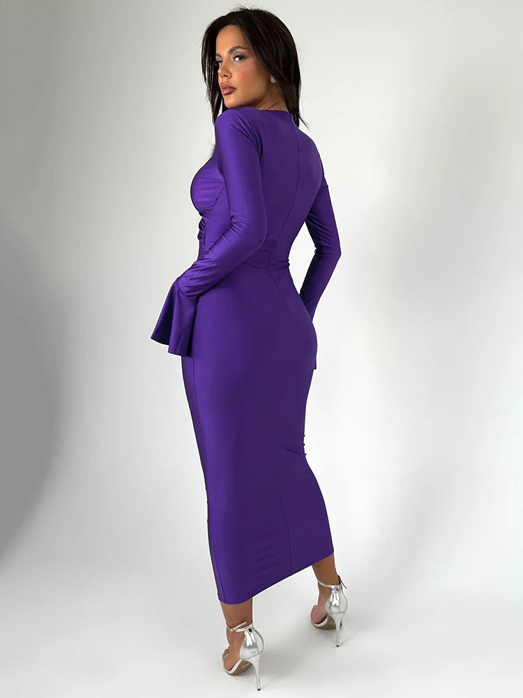 Elegant Hollow Out Sexy Maxi Dress For Women Spring New V Neck Long Flare Sleeve Bodycon Club Party Evening Dress